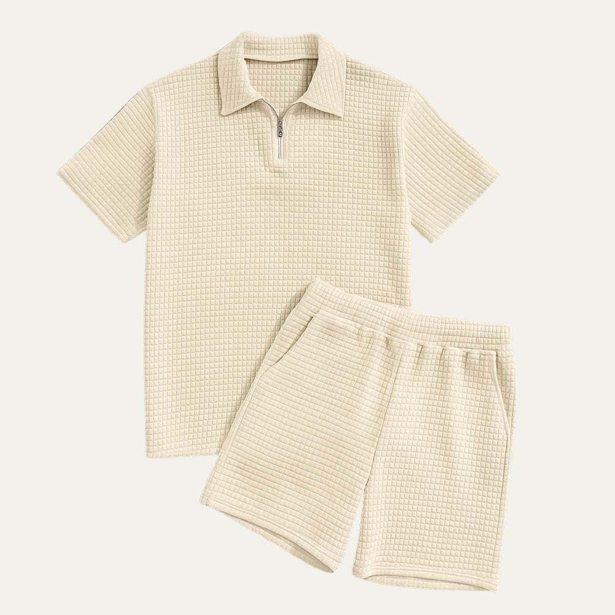 Komplet męski polo na zamek z teksturowanymi szortami - Arkadya Outlet - Men Set