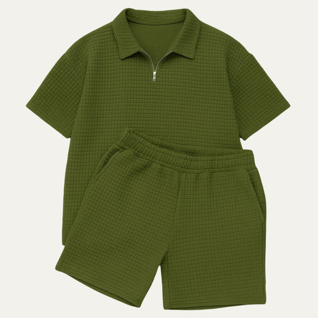 Komplet męski polo na zamek z teksturowanymi szortami - Arkadya Outlet - Men Set