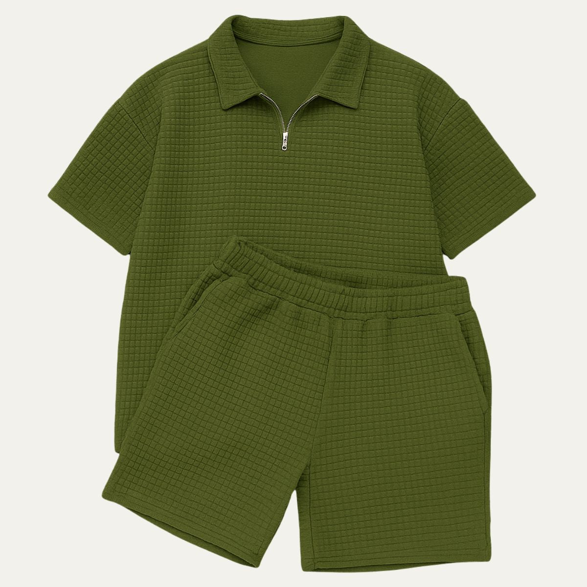 Komplet męski polo na zamek z teksturowanymi szortami - Arkadya Outlet - Men Set