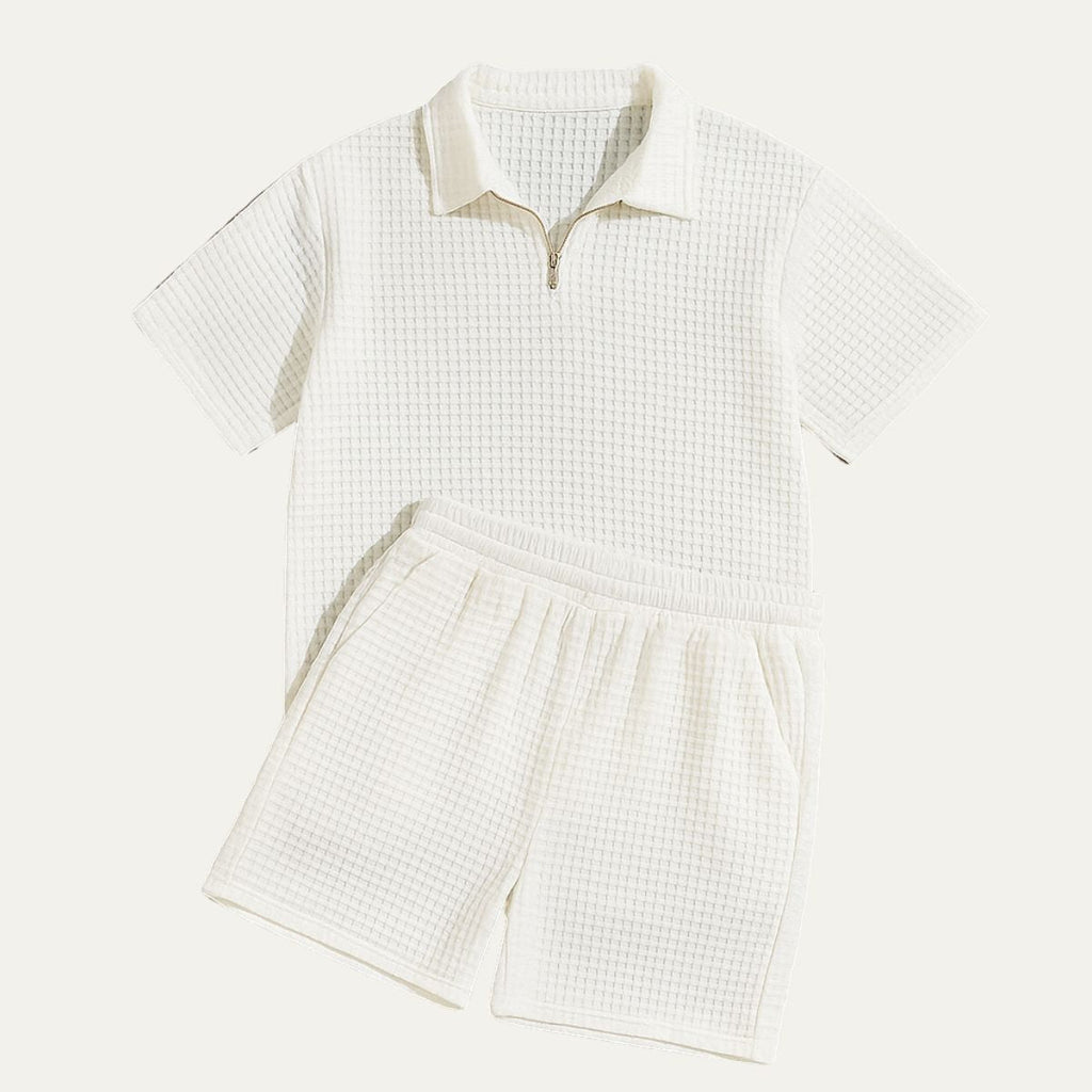 Komplet męski polo na zamek z teksturowanymi szortami - Arkadya Outlet - Men Set
