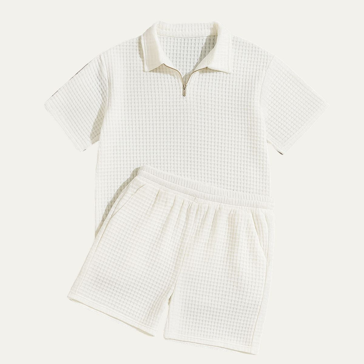 Komplet męski polo na zamek z teksturowanymi szortami - Arkadya Outlet - Men Set