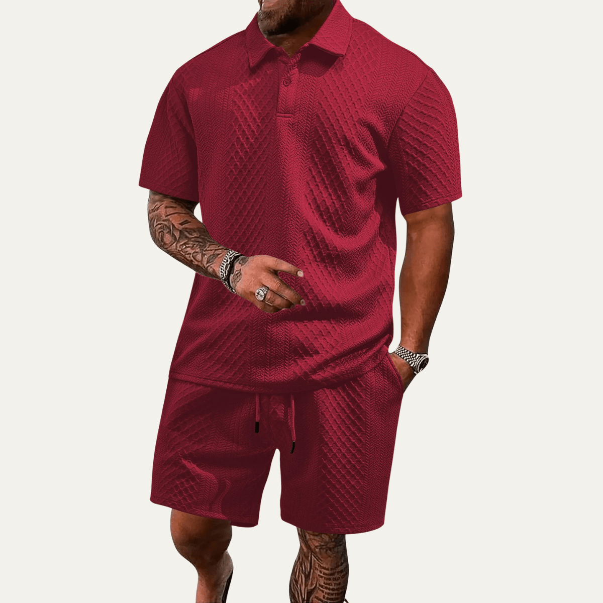 Komplet męski polo żakardowy ze sznurkiem - Arkadya Outlet - Men Set