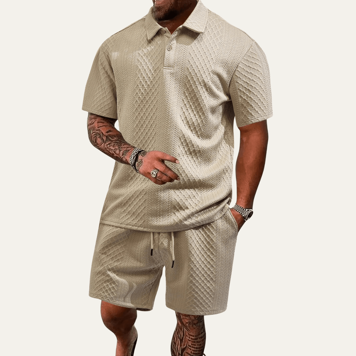 Komplet męski polo żakardowy ze sznurkiem - Arkadya Outlet - Men Set