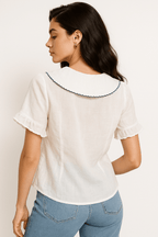 Koszula damska z falowanym kołnierzem i falbaniastymi rękawami - Arkadya Outlet - Women Top