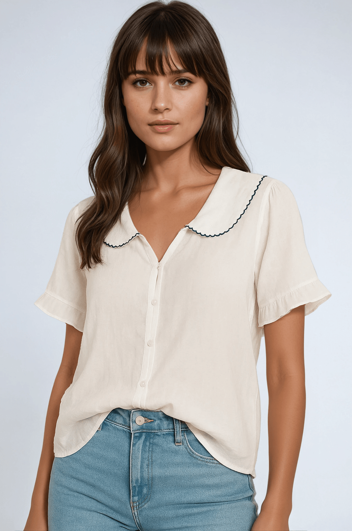 Koszula damska z falowanym kołnierzem i falbaniastymi rękawami - Arkadya Outlet - Women Top