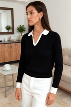 Koszulka polo damska – długi rękaw, kontrastowy kołnierz - Arkadya Outlet - Women Shirt