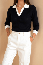 Koszulka polo damska – długi rękaw, kontrastowy kołnierz - Arkadya Outlet - Women Shirt