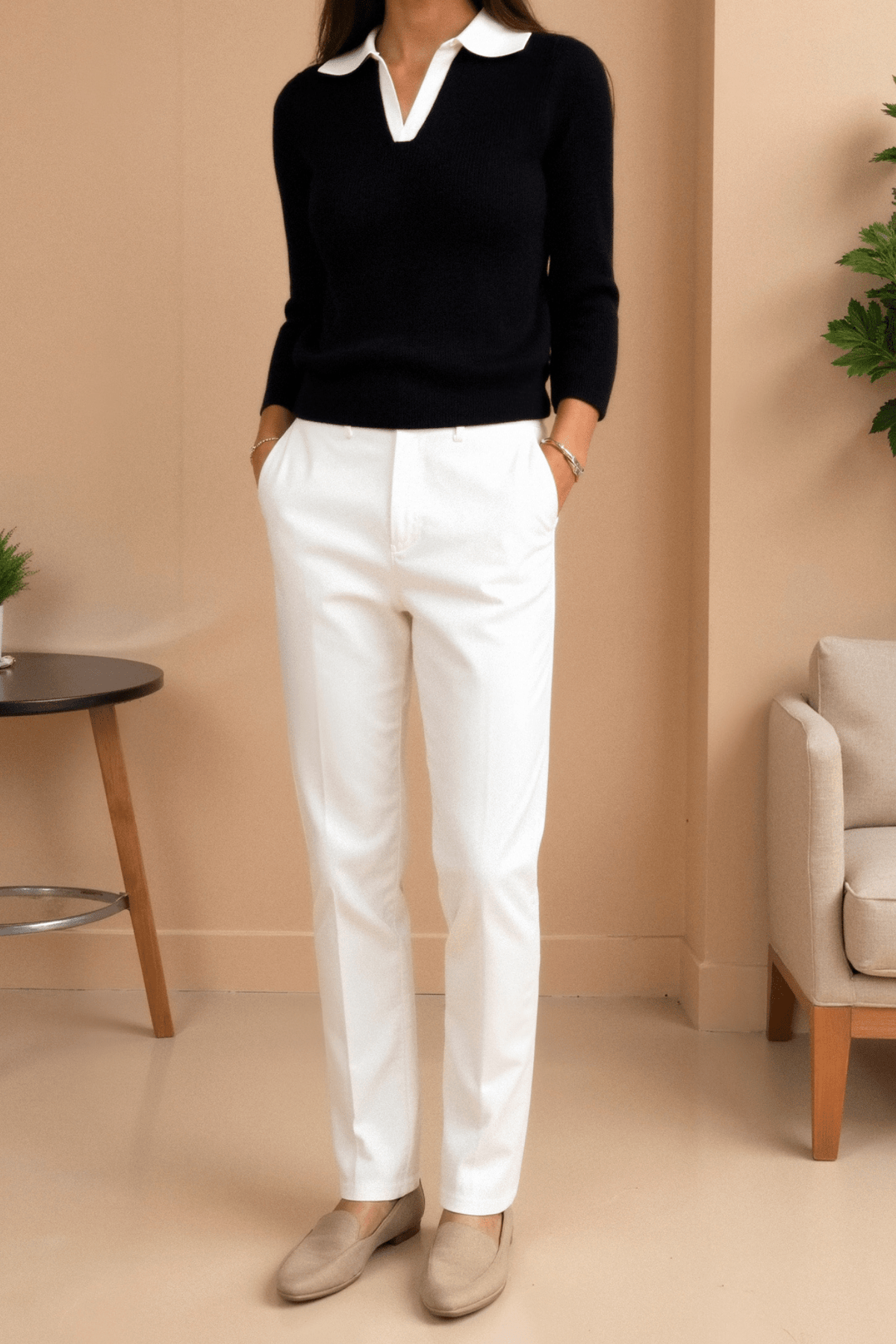 Koszulka polo damska – długi rękaw, kontrastowy kołnierz - Arkadya Outlet - Women Shirt