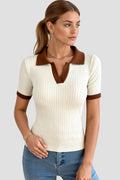Koszulka polo damska – krótki rękaw, prążkowana - Arkadya Outlet - Women Shirt