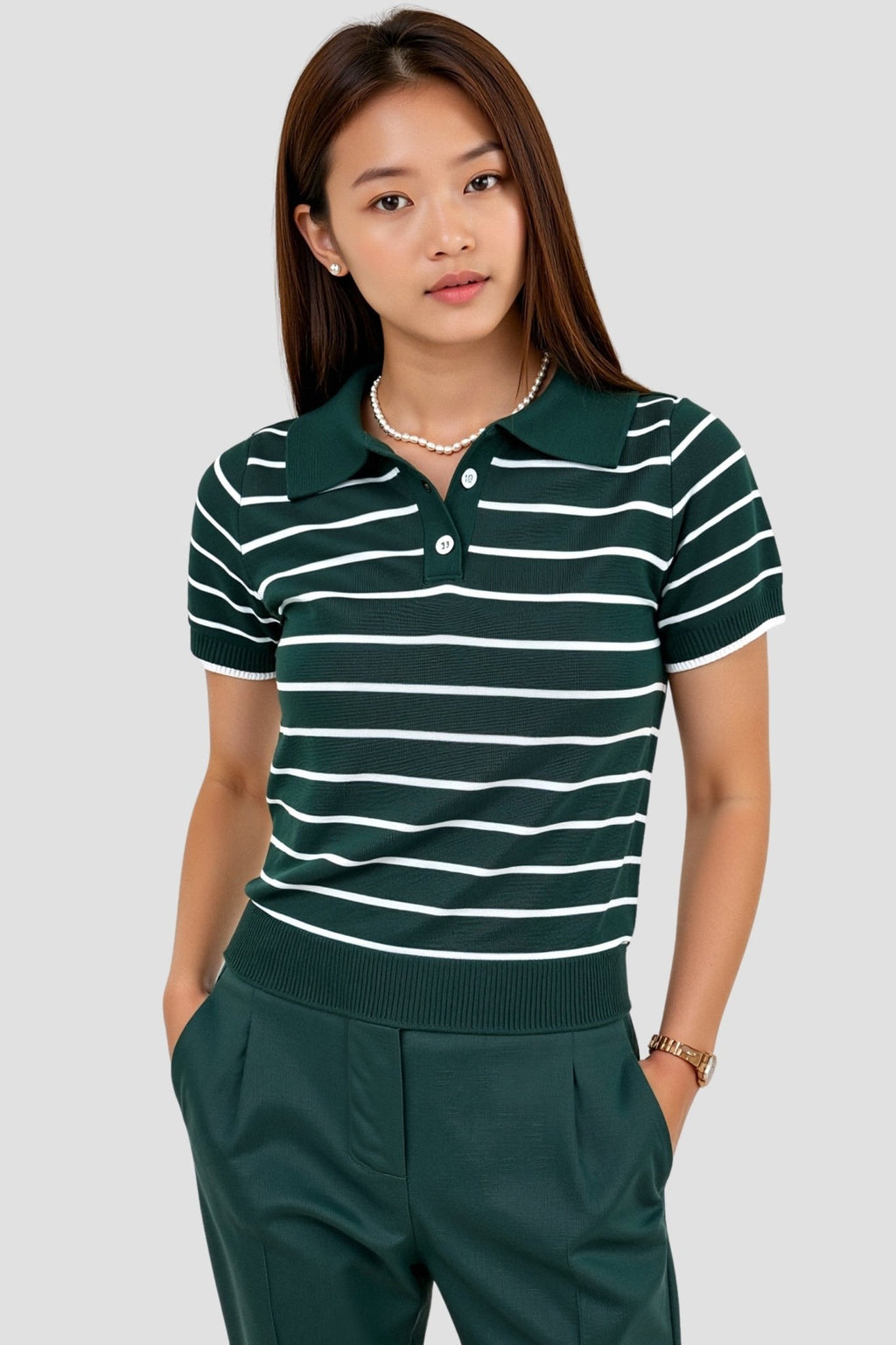 Koszulka polo damska w paski z krótkim rękawem - Arkadya Outlet - Women Shirt