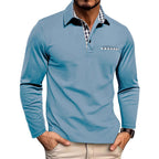 Koszulka polo męska długi rękaw regularny krój z zapięciem - Arkadya Outlet - Men Shirt