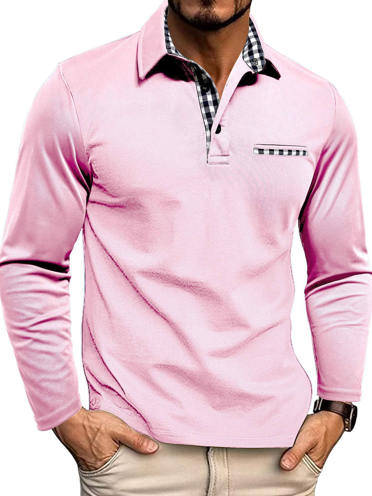 Koszulka polo męska długi rękaw regularny krój z zapięciem - Arkadya Outlet - Men Shirt