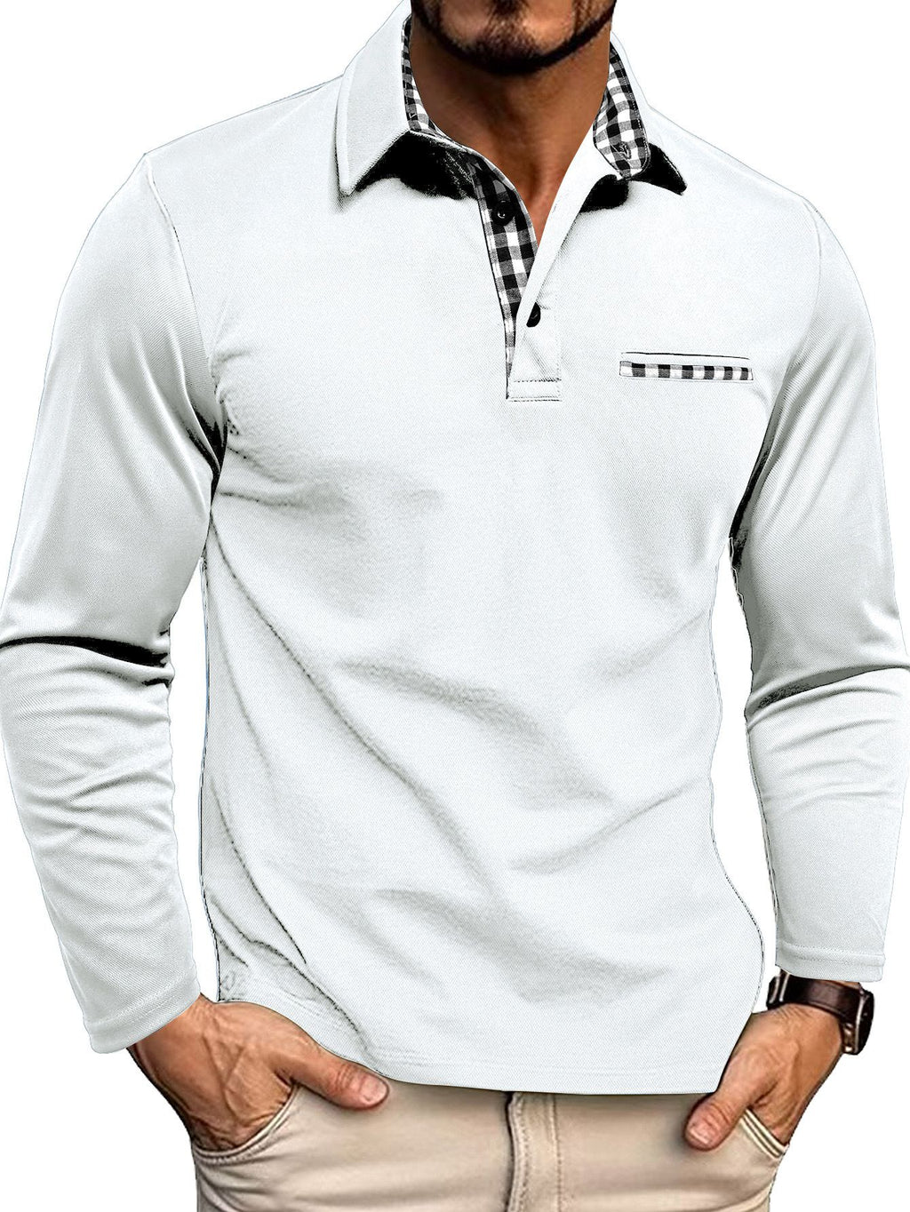 Koszulka polo męska długi rękaw regularny krój z zapięciem - Arkadya Outlet - Men Shirt