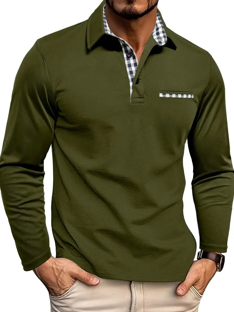 Koszulka polo męska długi rękaw regularny krój z zapięciem - Arkadya Outlet - Men Shirt