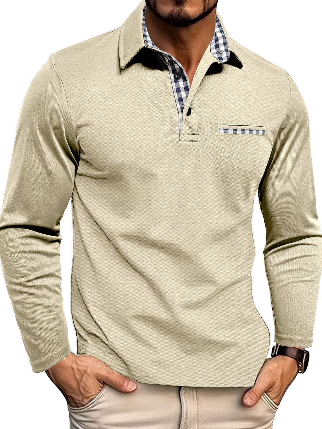 Koszulka polo męska długi rękaw regularny krój z zapięciem - Arkadya Outlet - Men Shirt