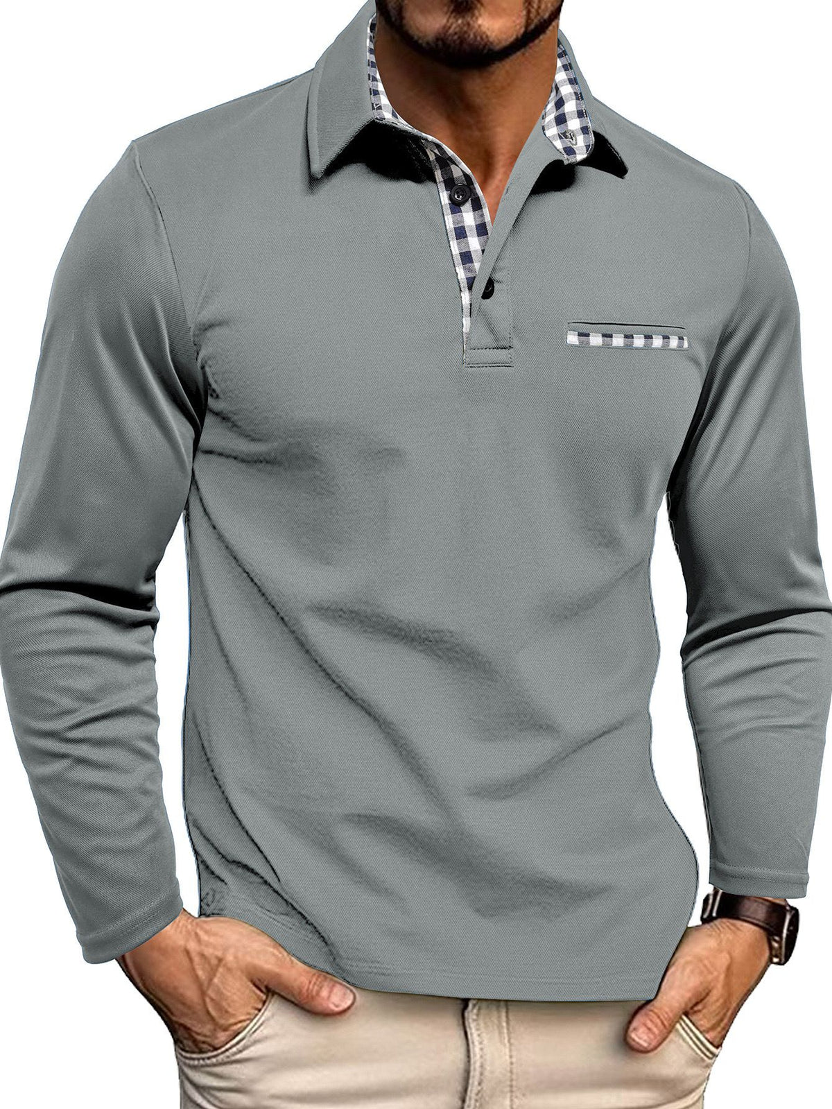 Koszulka polo męska długi rękaw regularny krój z zapięciem - Arkadya Outlet - Men Shirt