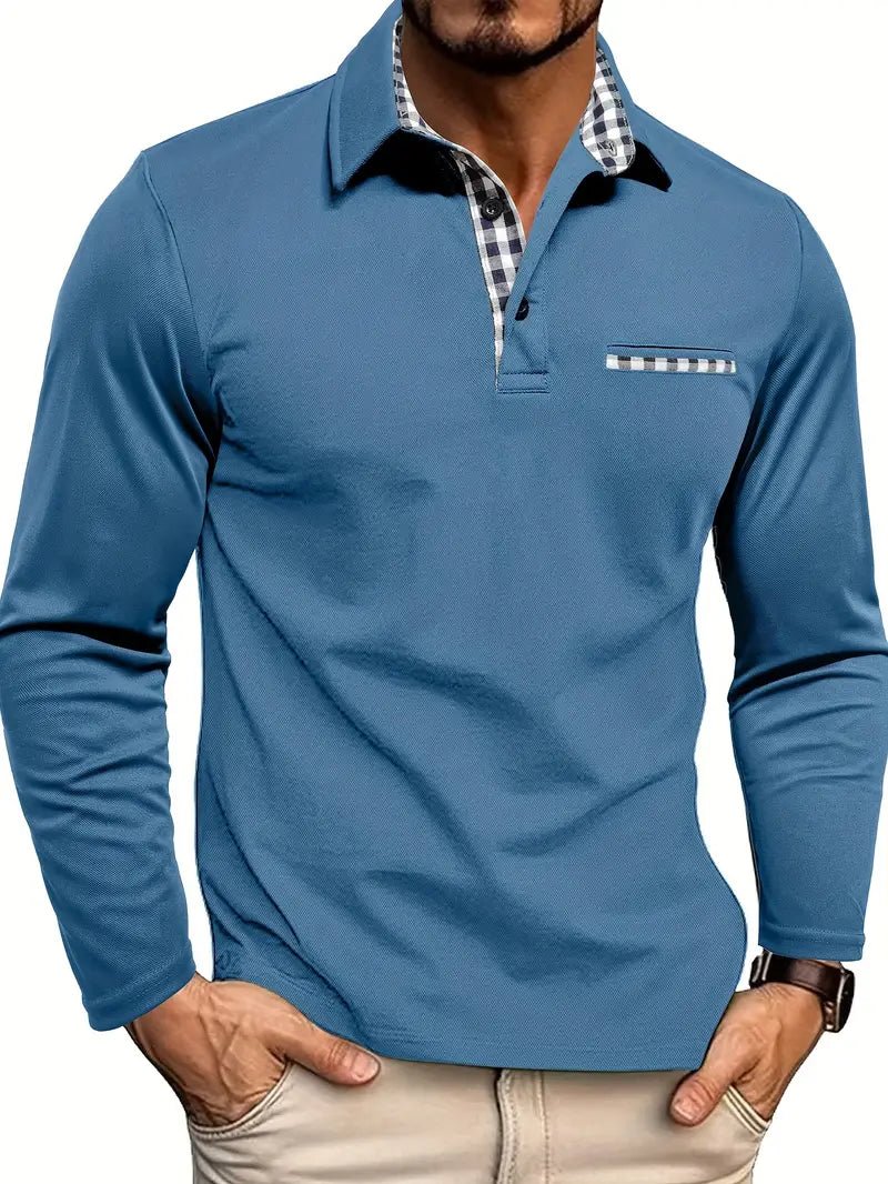 Koszulka polo męska długi rękaw regularny krój z zapięciem - Arkadya Outlet - Men Shirt