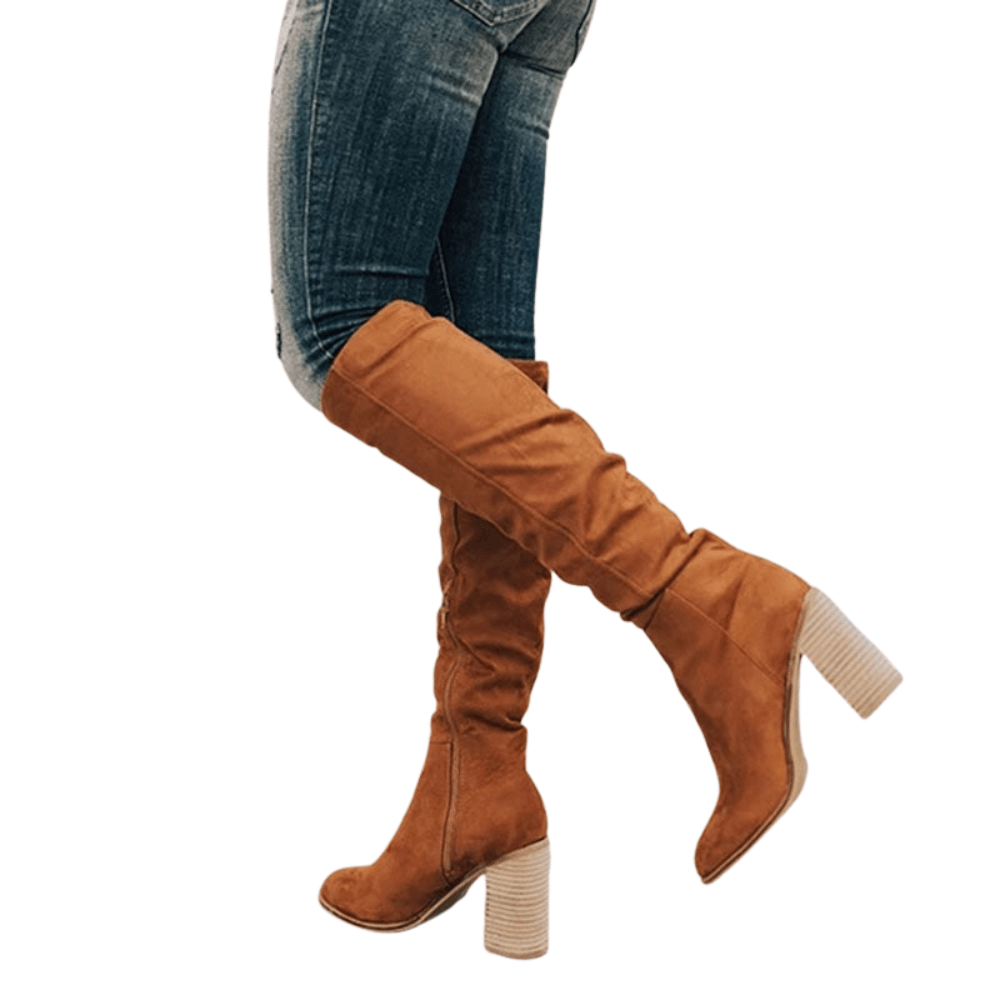 Kozaki damskie do kolan na wysokim obcasie – wsuwana konstrukcja, bez zapięć - Arkadya Outlet - Women Shoes
