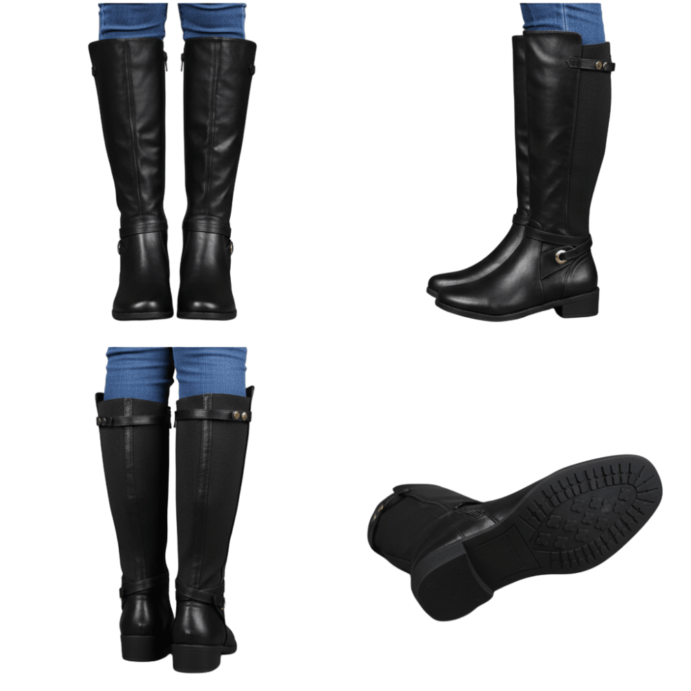 Kozaki damskie do łydki z regulowanym zapięciem i podeszwą antypoślizgową - Arkadya Outlet - Women Shoes