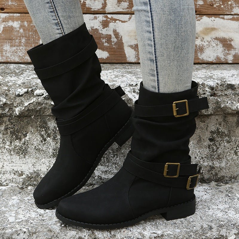 Kozaki damskie zimowe do połowy łydki z paskami na klamry - Arkadya Outlet - Women Shoes