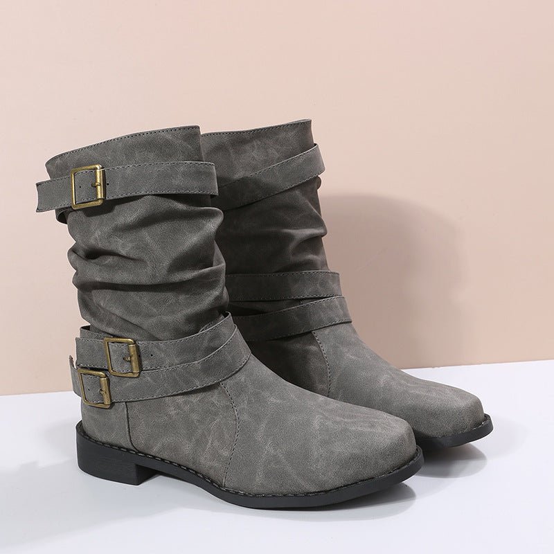 Kozaki damskie zimowe do połowy łydki z paskami na klamry - Arkadya Outlet - Women Shoes