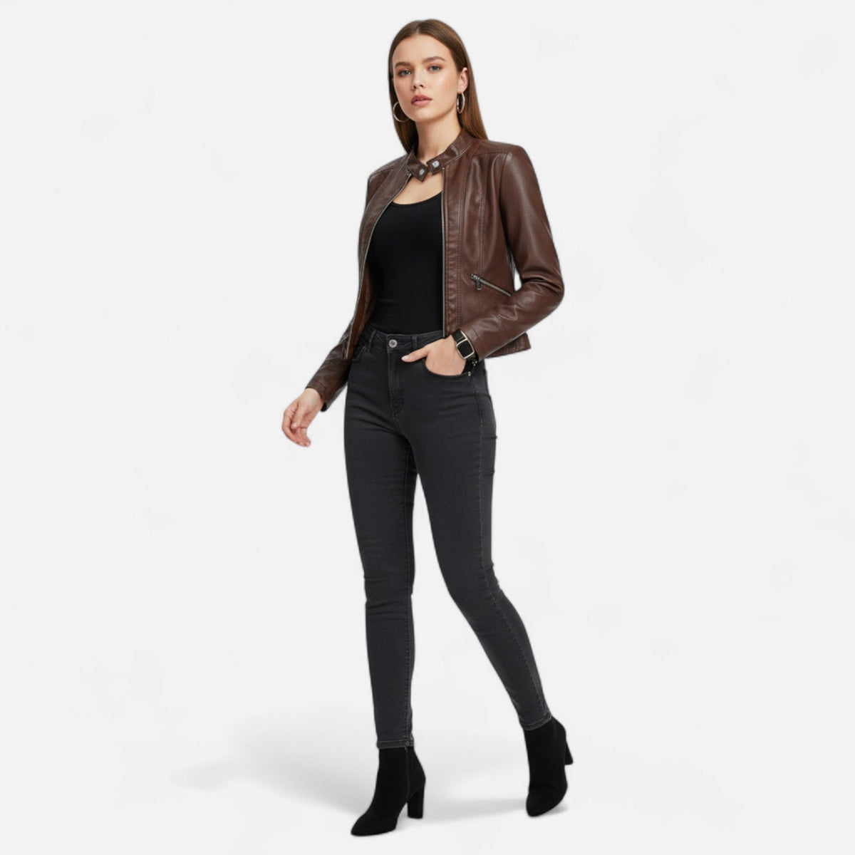 Kurtka Damska | Dopasowany krój z zamkiem i paskiem w talii - Arkadya Outlet - Jackets