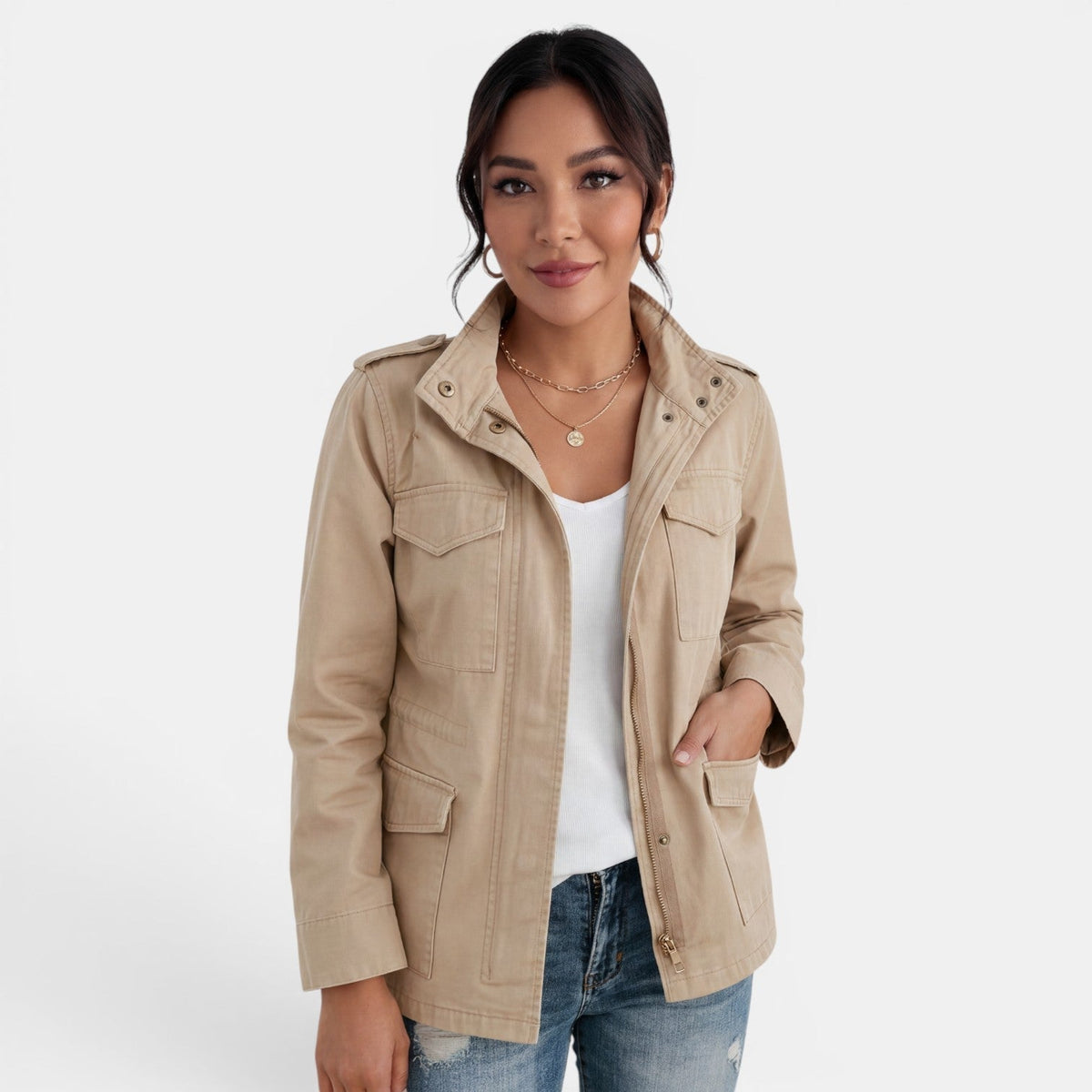 Kurtka Damska | Luźny krój z zamkiem i kieszeniami naszywanymi - Arkadya Outlet - Jackets