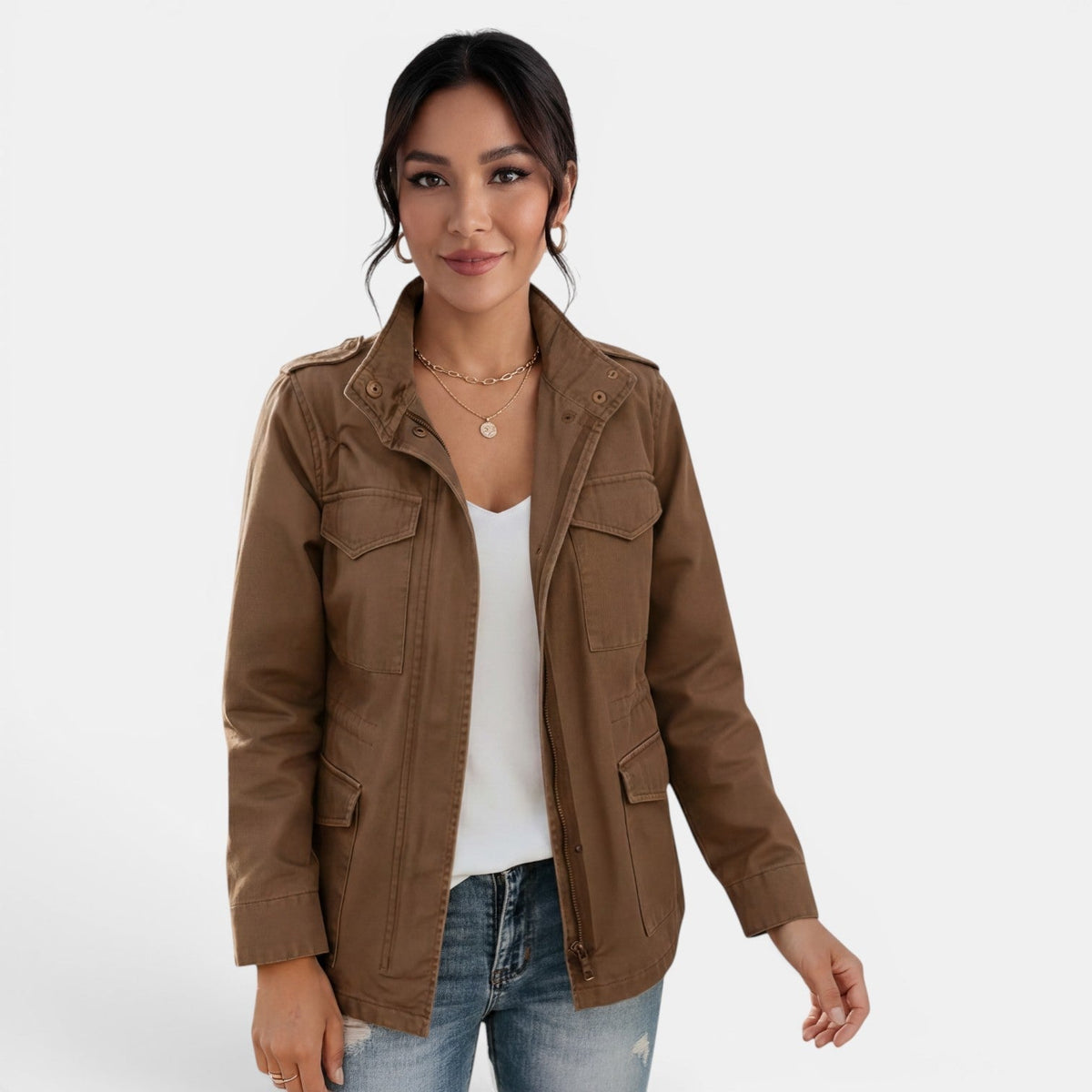 Kurtka Damska | Luźny krój z zamkiem i kieszeniami naszywanymi - Arkadya Outlet - Jackets