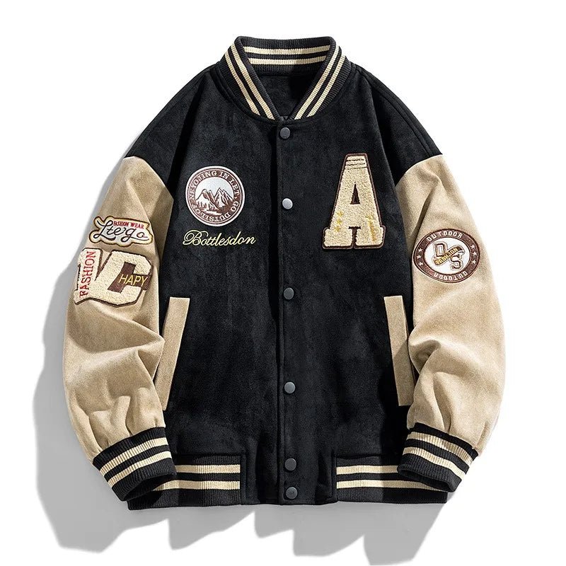 Kurtka męska college | Klasyczny krój z naszywkami i prążkowanym - Arkadya Outlet - Jackets