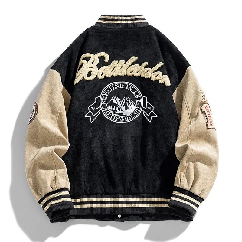 Kurtka męska college | Klasyczny krój z naszywkami i prążkowanym - Arkadya Outlet - Jackets