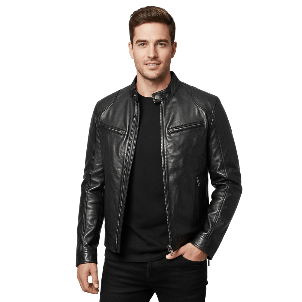 Kurtka męska krój slim racer z kołnierzem i zamkami bocznymi - Arkadya Outlet - Men Jacket