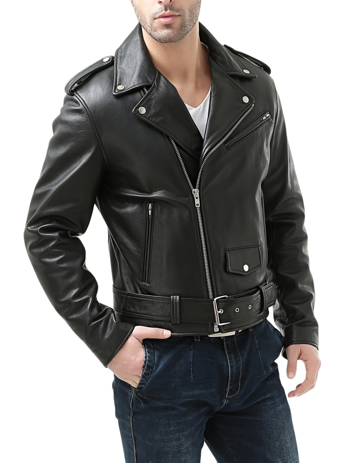 Kurtka Męska Motocyklowa | Asymetryczny zamek i pasek w talii - Arkadya Outlet - Jackets