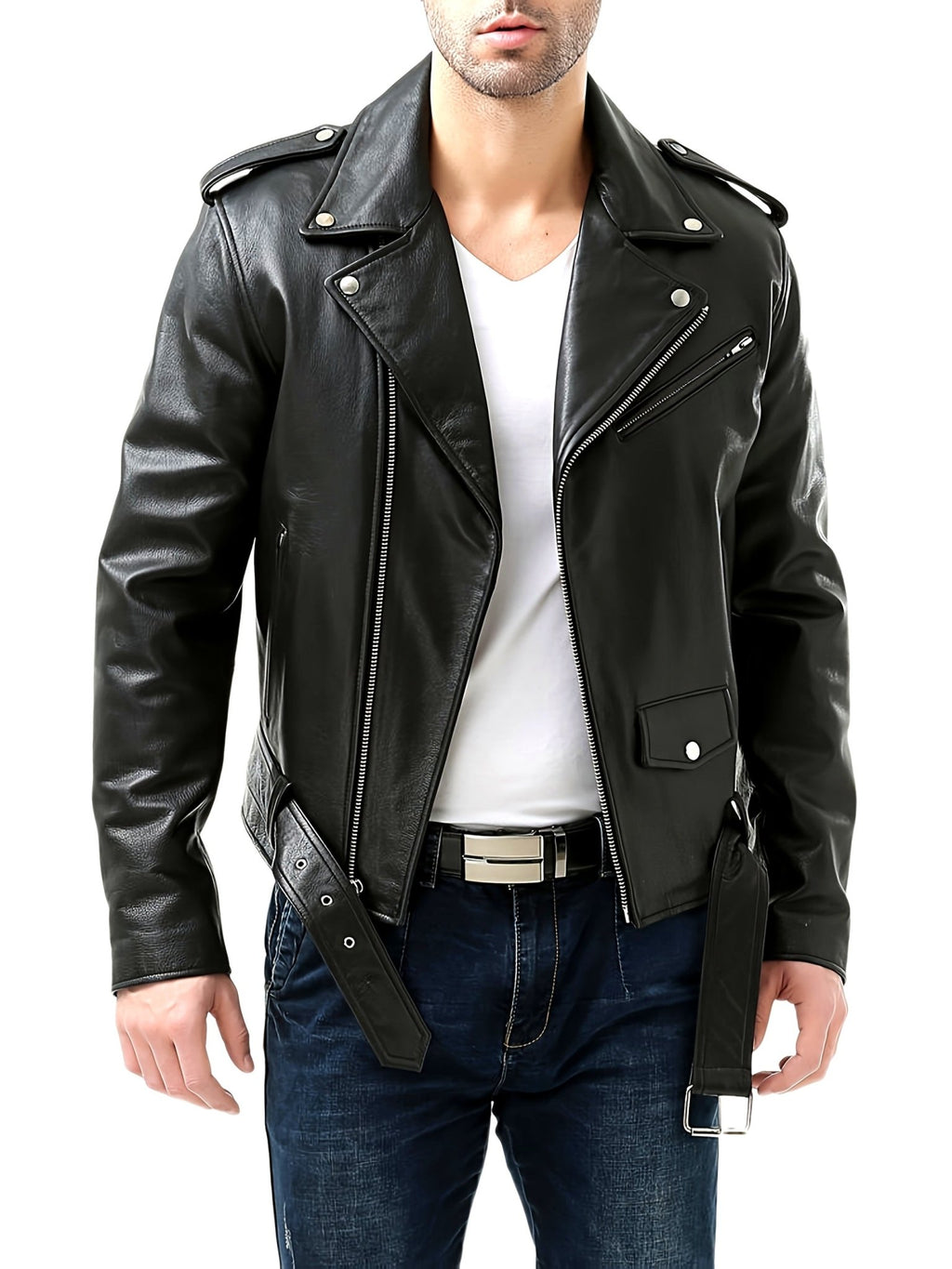 Kurtka Męska Motocyklowa | Asymetryczny zamek i pasek w talii - Arkadya Outlet - Jackets
