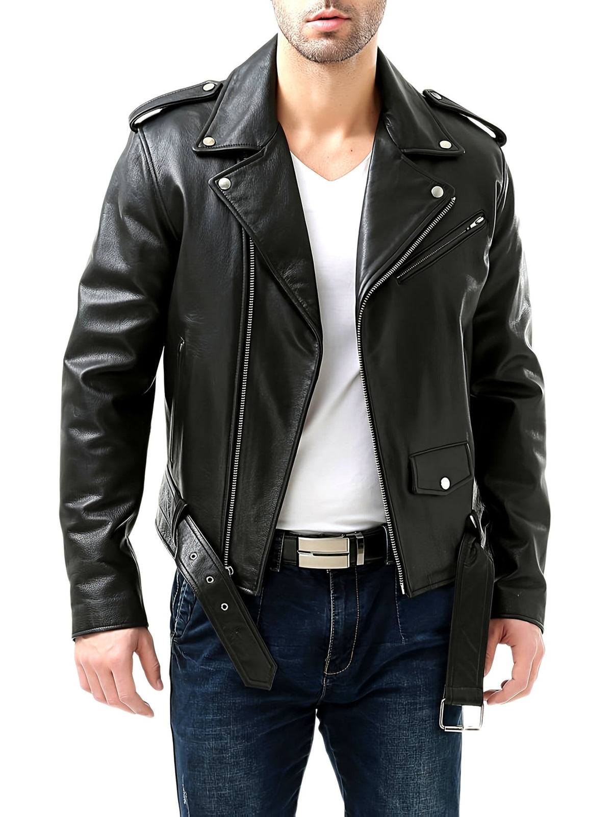 Kurtka Męska Motocyklowa | Asymetryczny zamek i pasek w talii - Arkadya Outlet - Jackets
