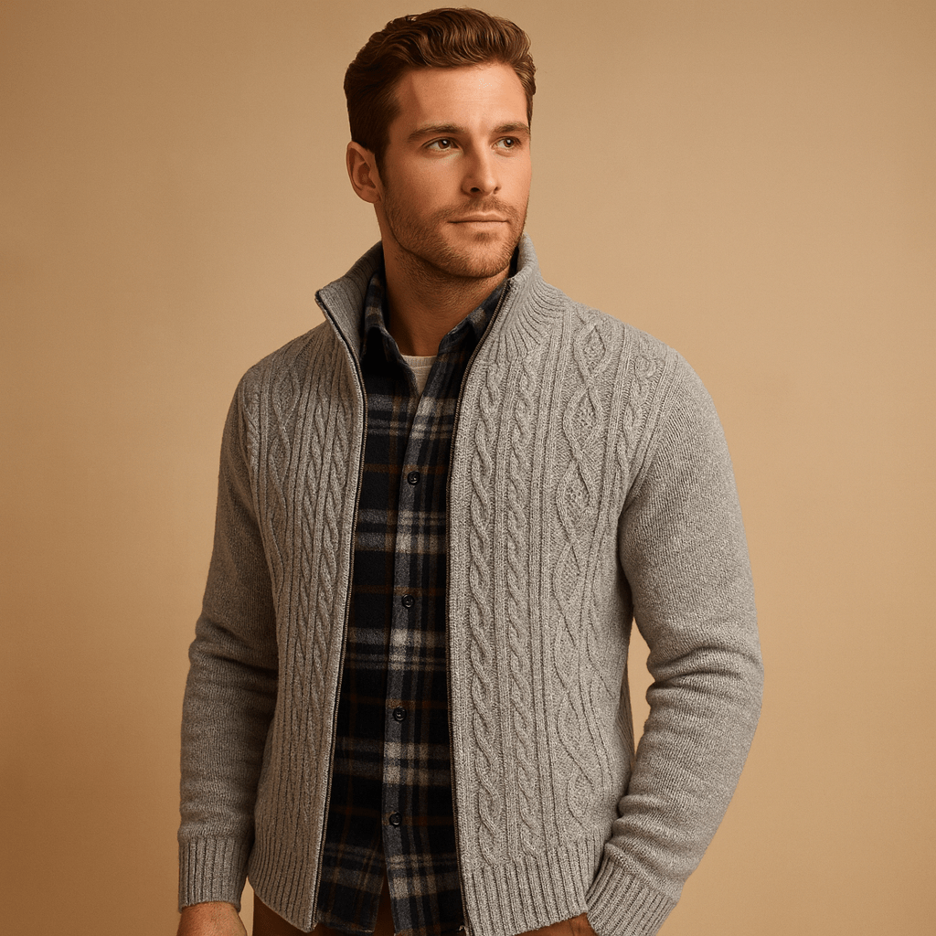 Kurtka Męska ze Splotem | Wzór Cable Knit z Podszewką Wewnętrzną - Arkadya Outlet - Jackets