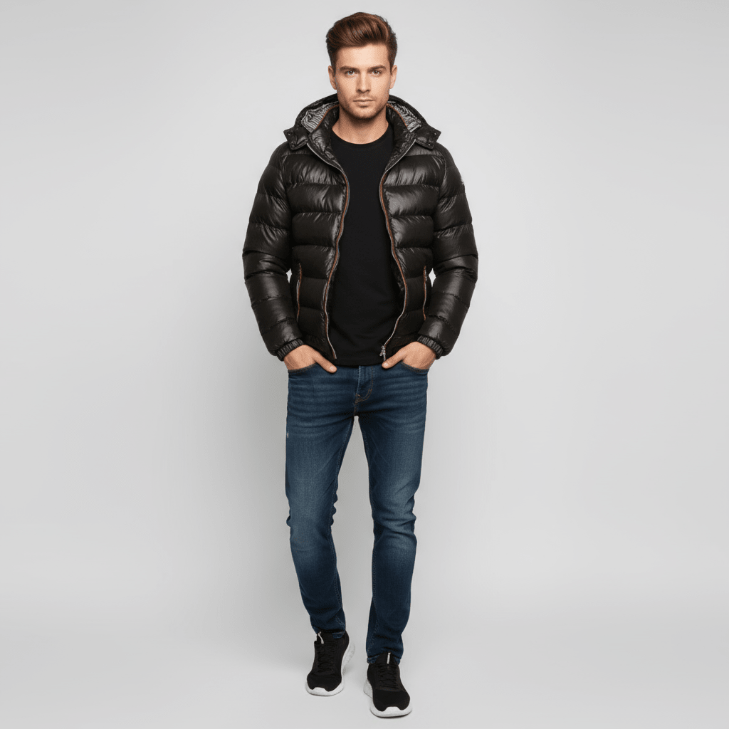 Kurtka Męska Zimowa | Pikowana z kapturem i zamkiem błyskawicznym - Arkadya Outlet - Jackets
