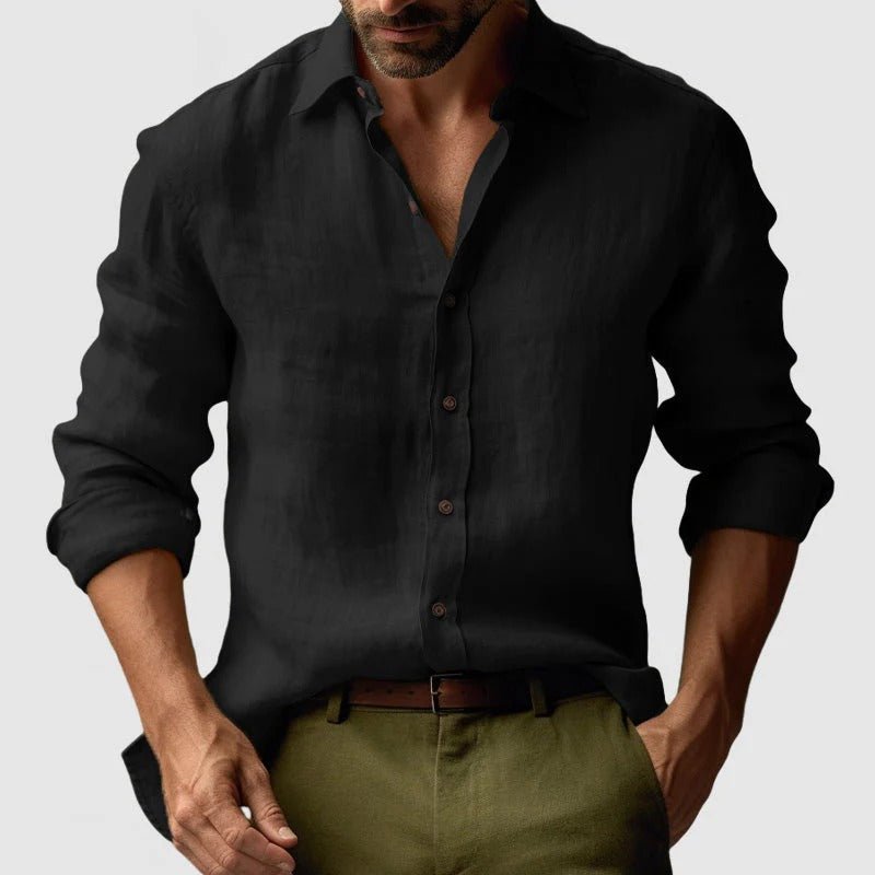 Lniana koszula męska długi rękaw – listwa guzikowa - Arkadya Outlet - Men Shirt