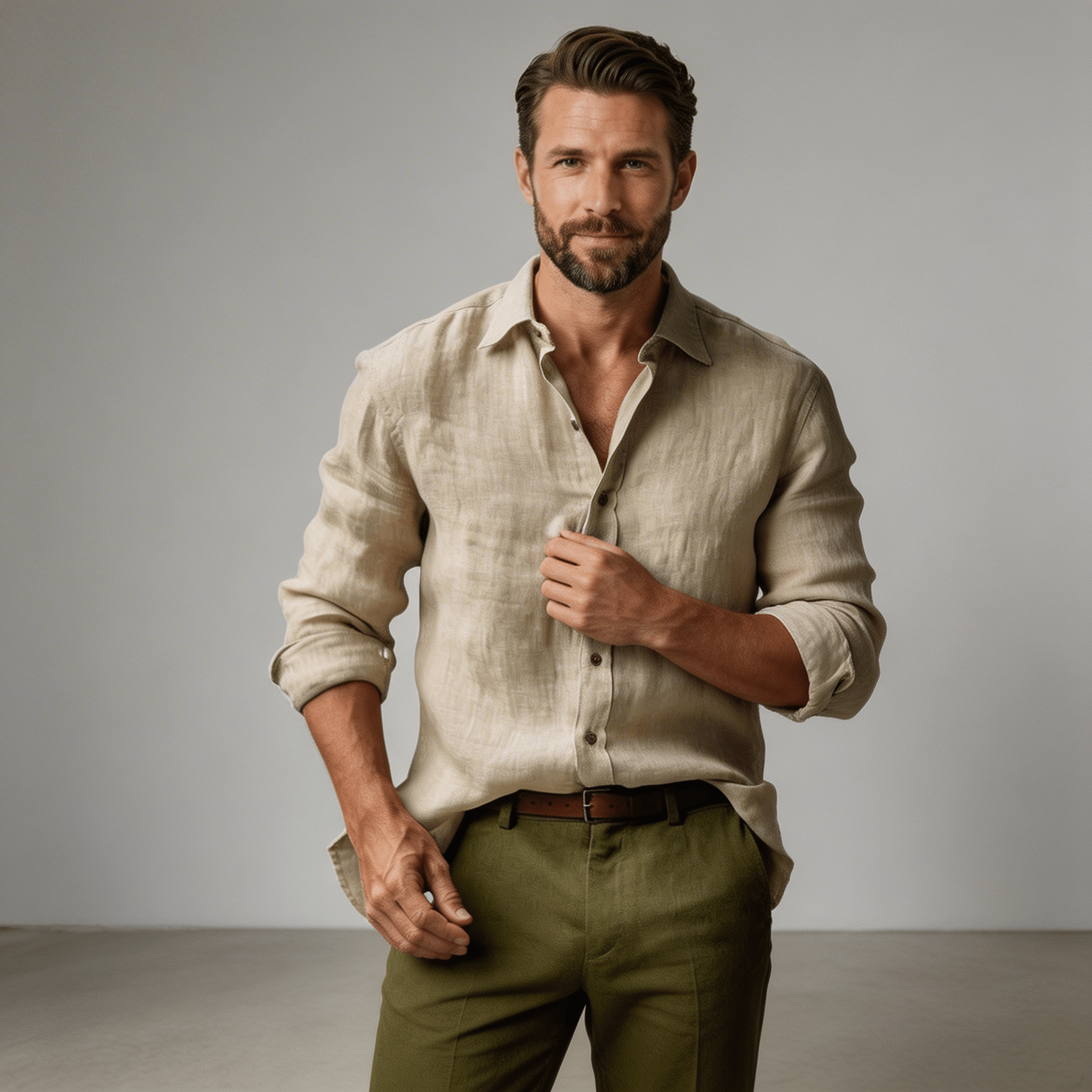 Lniana koszula męska długi rękaw – listwa guzikowa - Arkadya Outlet - Men Shirt