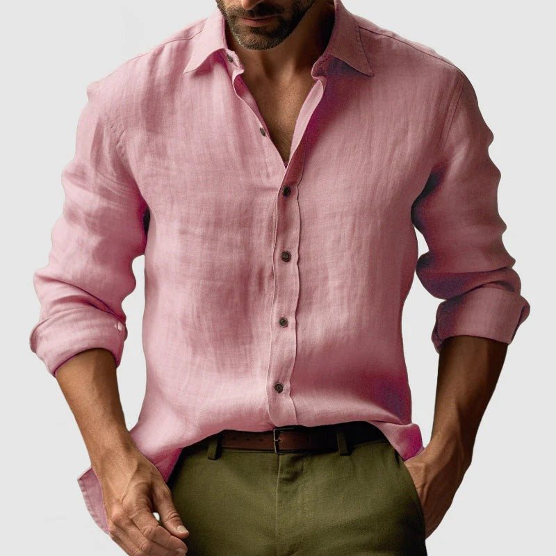 Lniana koszula męska długi rękaw – listwa guzikowa - Arkadya Outlet - Men Shirt
