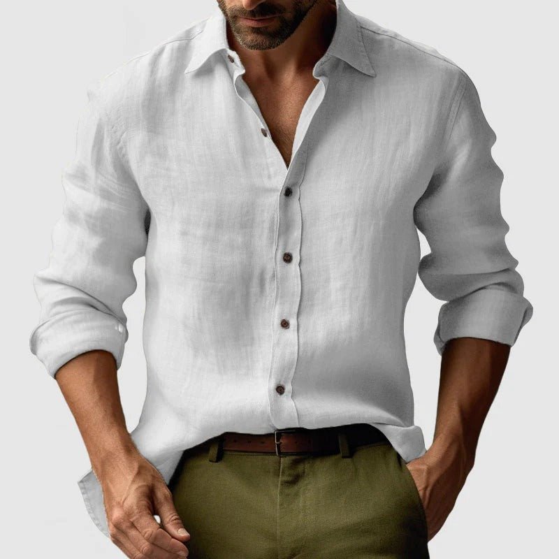 Lniana koszula męska długi rękaw – listwa guzikowa - Arkadya Outlet - Men Shirt