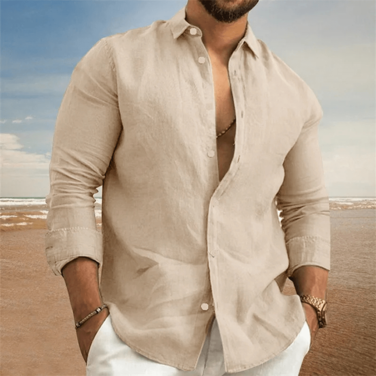 Lniana koszula męska długi rękaw – regularny krój - Arkadya Outlet - Men Shirt