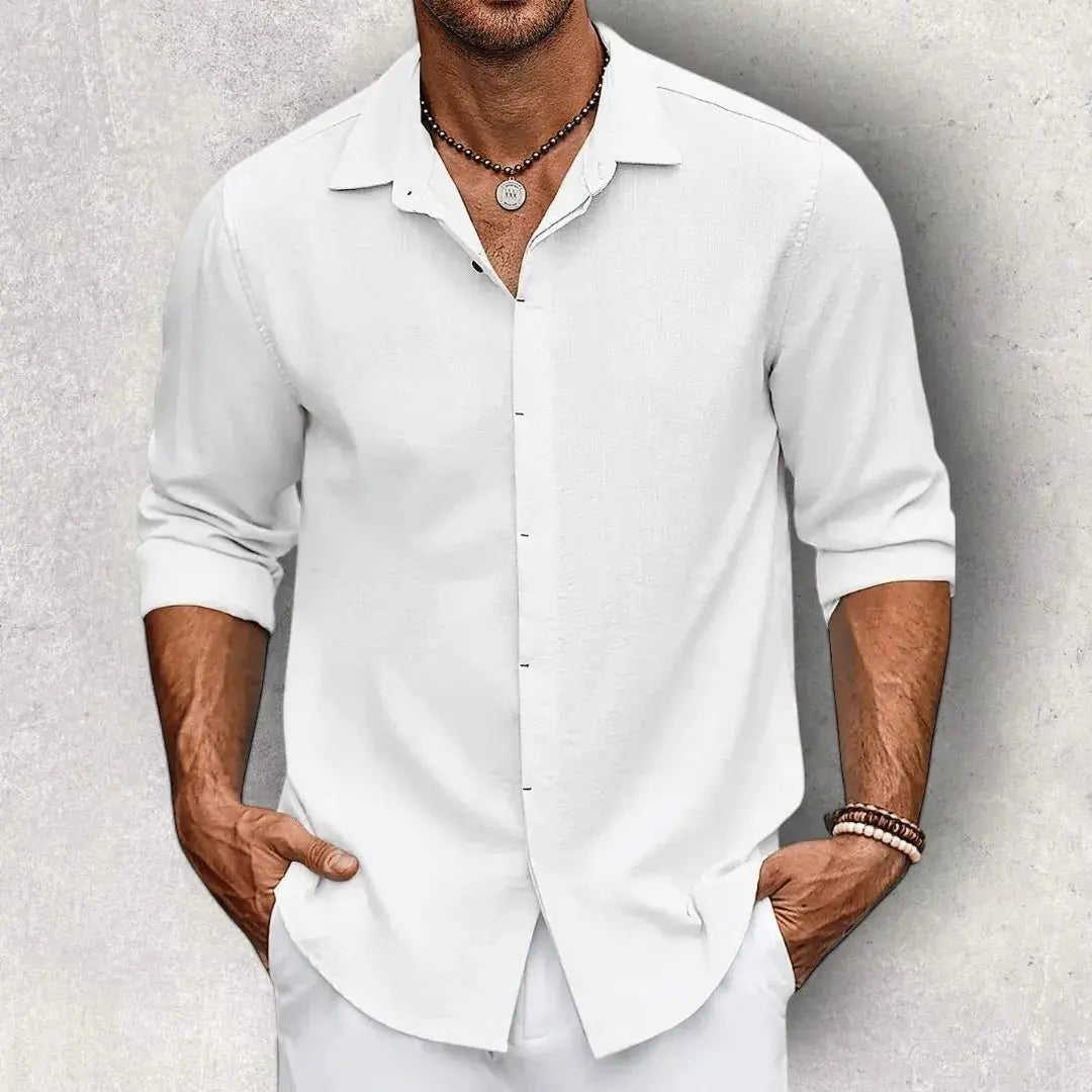 Lniana koszula męska – dopasowany krój, gładka tkanina - Arkadya Outlet - Men Shirt