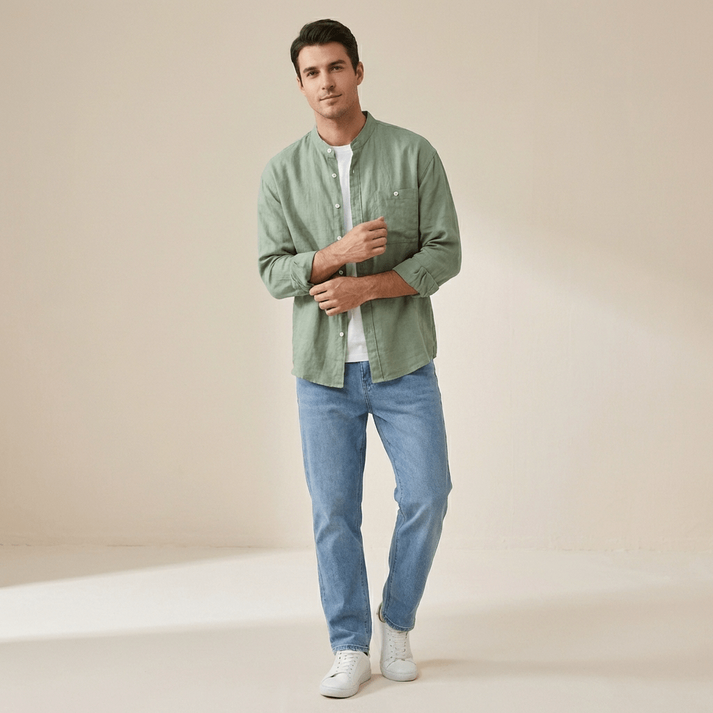 Lniana koszula męska – dopasowany krój, prosty dół - Arkadya Outlet - Men Shirt