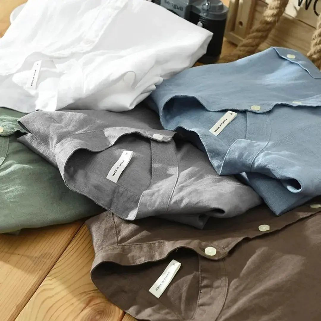 Lniana koszula męska – dopasowany krój, prosty dół - Arkadya Outlet - Men Shirt