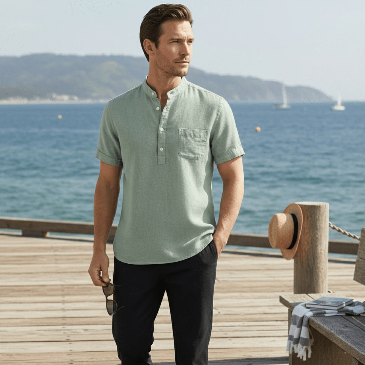 Lniana koszula męska Henley – krótki rękaw, luźny krój - Arkadya Outlet - Men Shirt