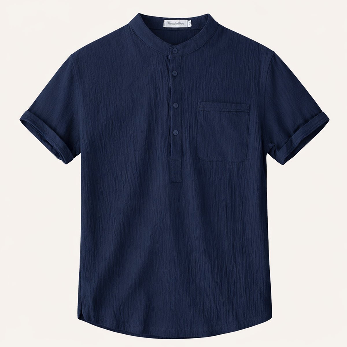 Lniana koszula męska krótki rękaw – Henley, luźny krój - Arkadya Outlet - Men Shirt