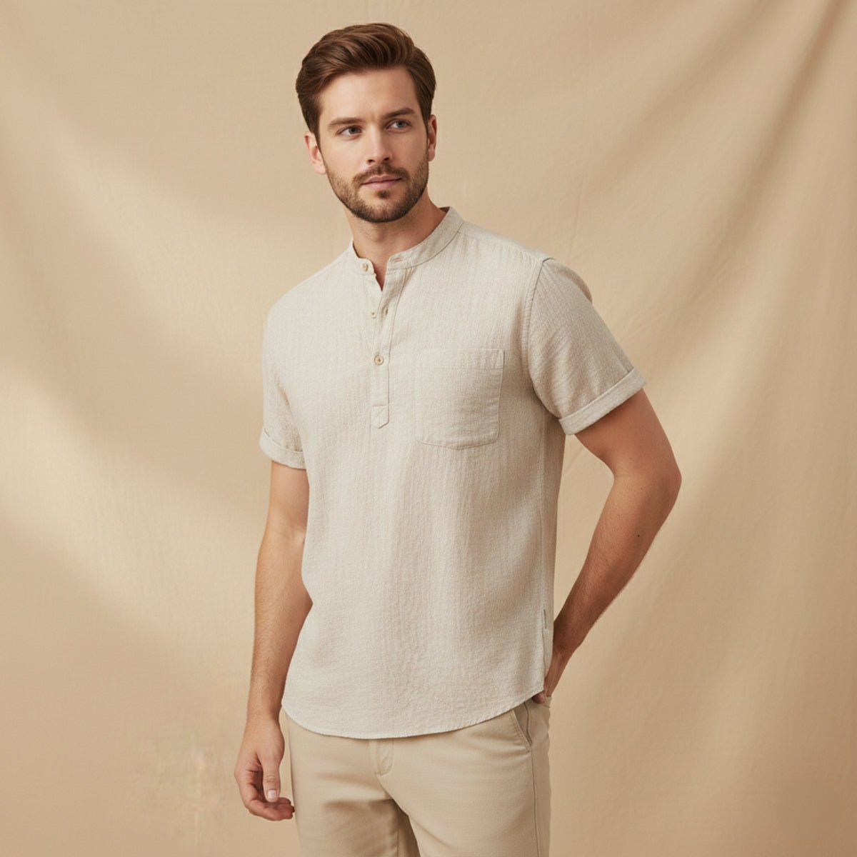 Lniana koszula męska krótki rękaw – luźny krój - Arkadya Outlet - Men Shirt