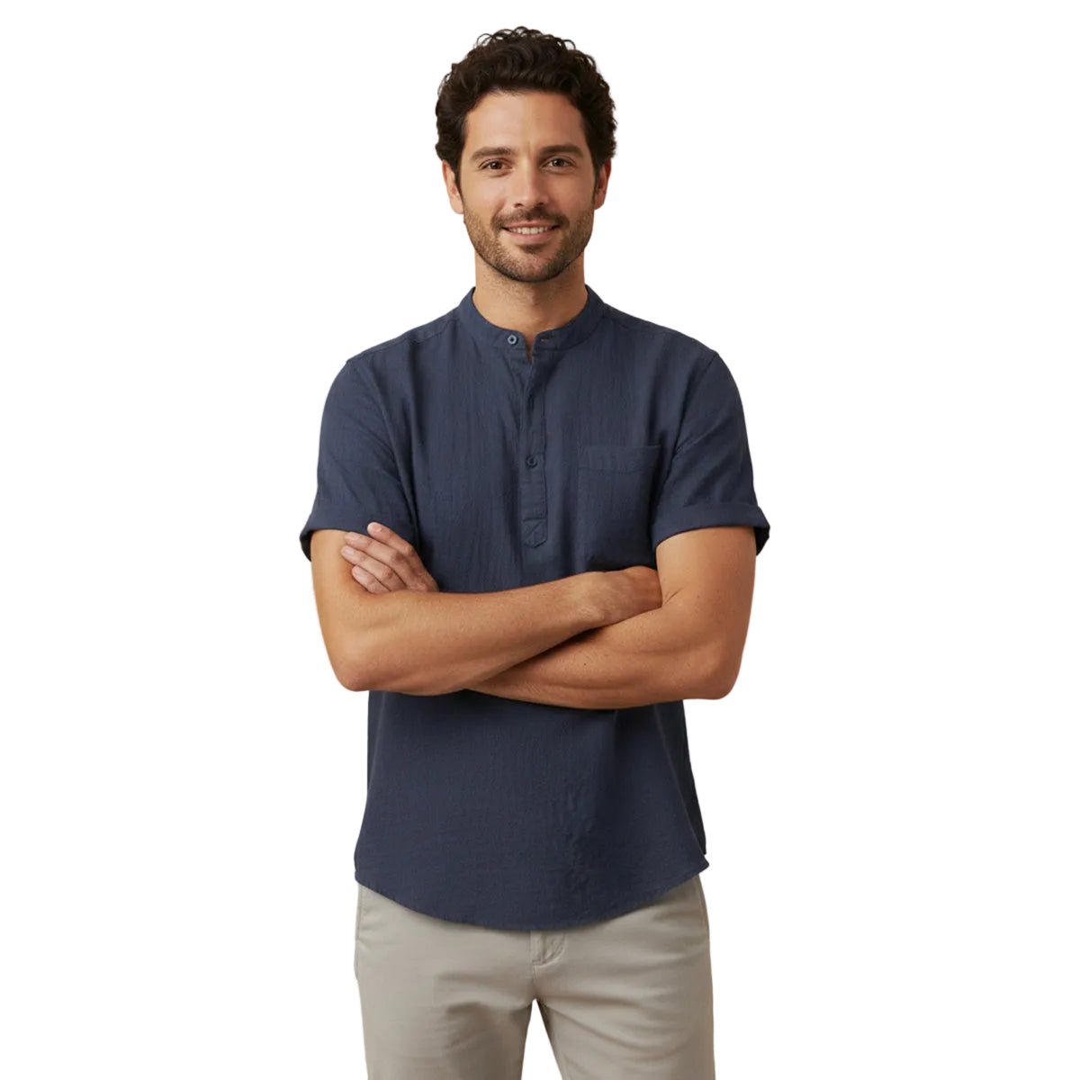 Lniana koszula męska krótki rękaw – luźny krój - Arkadya Outlet - Men Shirt