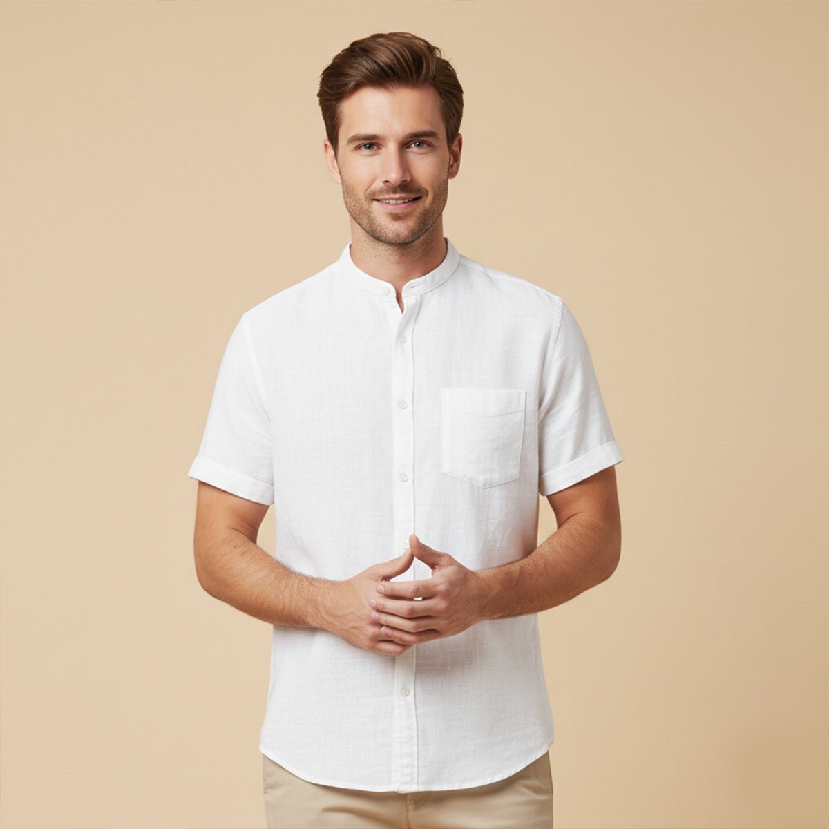 Lniana koszula męska krótki rękaw – luźny krój - Arkadya Outlet - Men Shirt