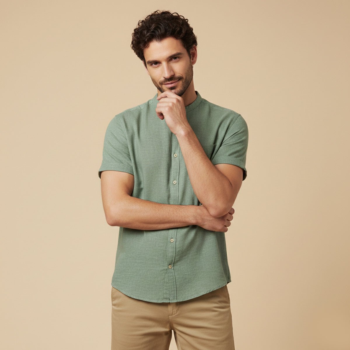 Lniana koszula męska krótki rękaw – luźny krój - Arkadya Outlet - Men Shirt